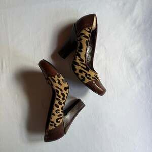 Y2K Fossil Sahara Leopard Pony Hair Leather Heels Sz 8 Retro Statement Preppy